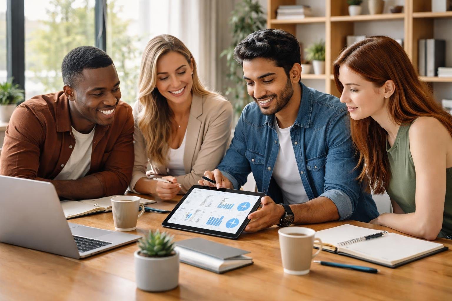 Grupo de jovens profissionais colaborando em uma mesa de escritório moderna, com laptop e materiais de trabalho.