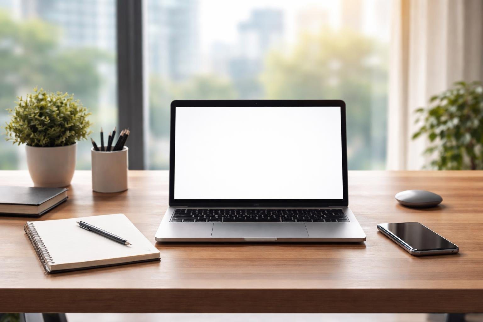 Mesa de escritório organizada com laptop, bloco de notas, caneta e smartphone, com janela ao fundo mostrando a cidade.