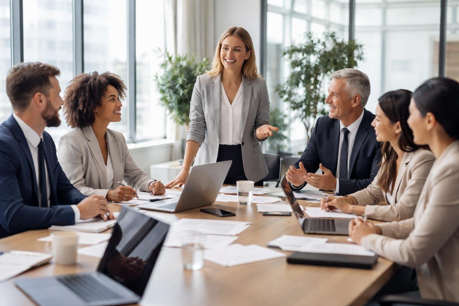 Grupo diversificado de profissionais em reunião corporativa colaborativa ao redor de uma mesa em um escritório moderno e iluminado.