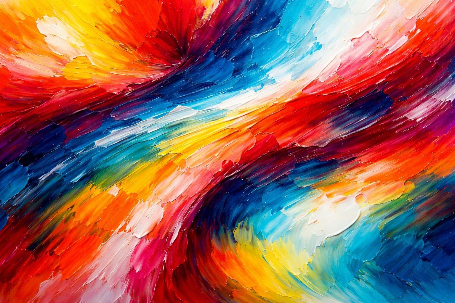 Close-up de uma pintura abstrata colorida com tons vibrantes e texturas visíveis.