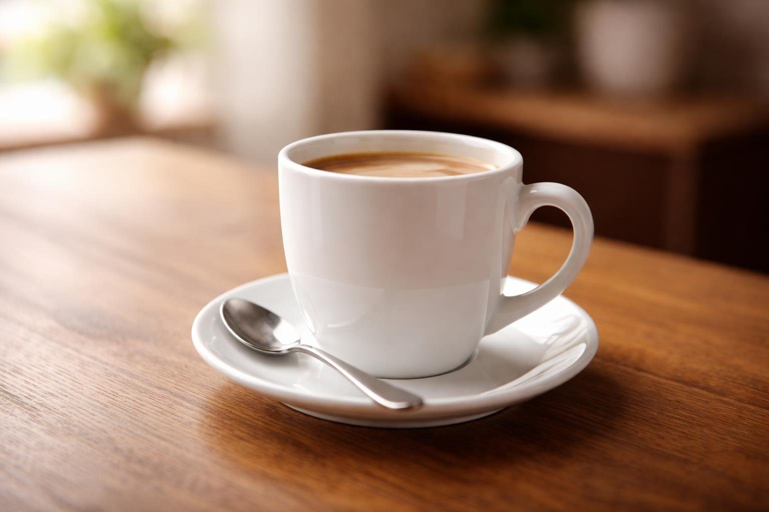 Uma xícara de café cerâmica moderna sobre uma mesa de madeira, com iluminação natural suave.