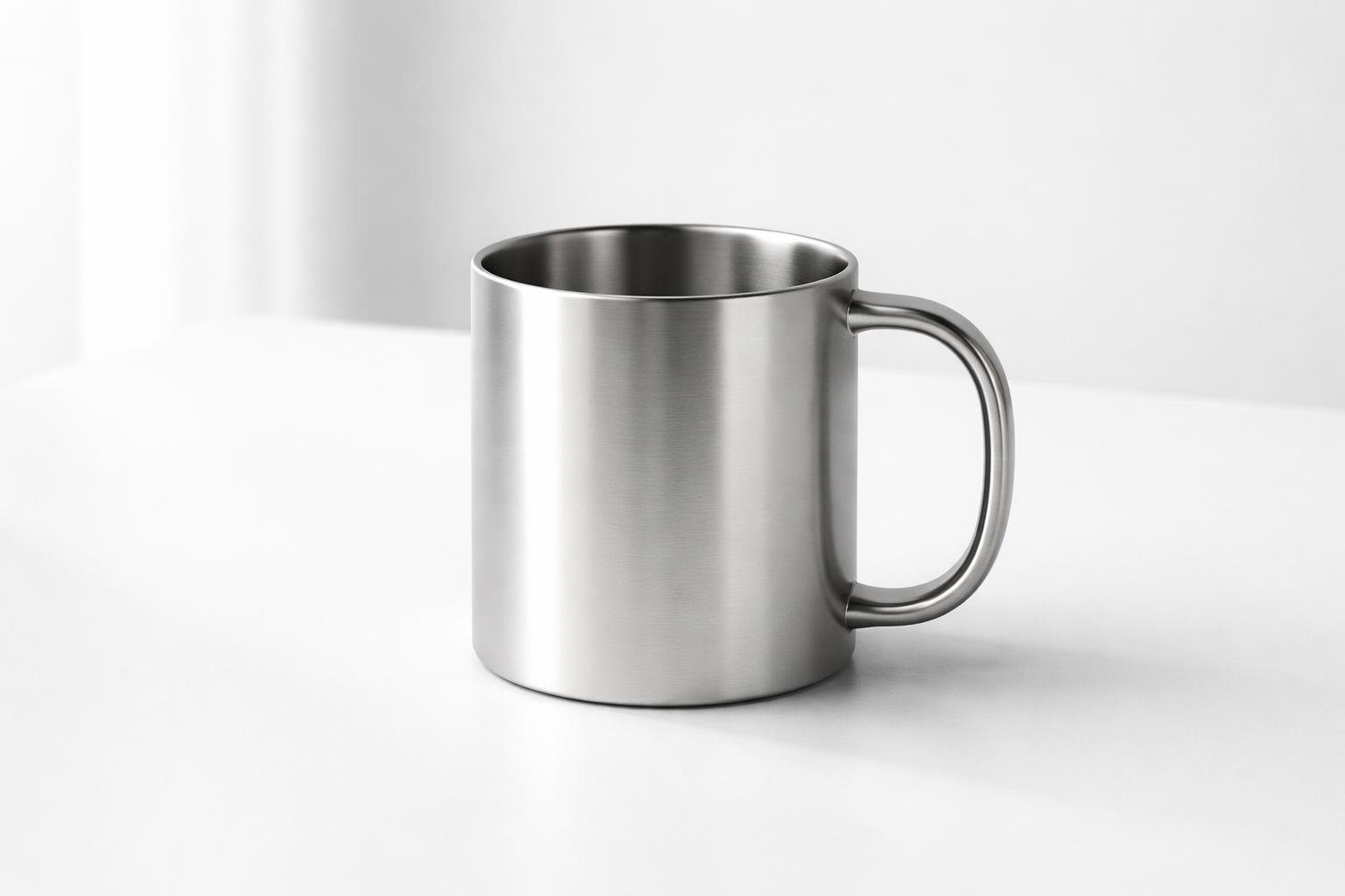 Uma caneca metálica minimalista sobre uma superfície branca com iluminação suave.