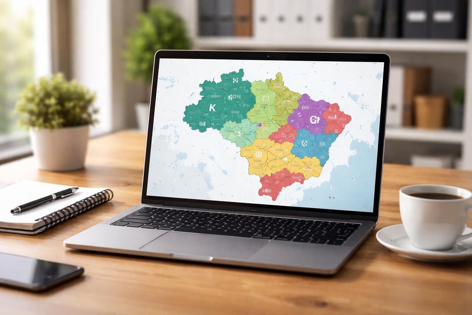 Mesa de escritório com laptop mostrando mapa digital focado em códigos postais brasileiros, com itens de escritório ao redor.