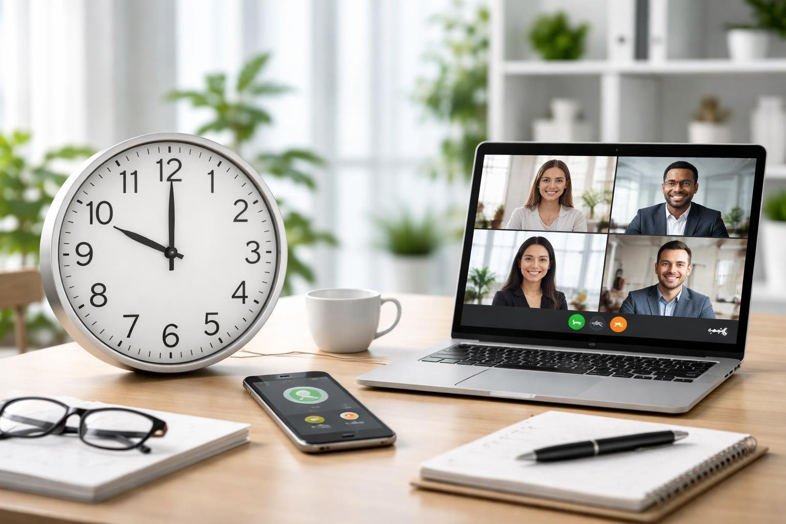Ambiente de escritório moderno com relógio analógico, smartphone e laptop mostrando chamada de vídeo, simbolizando tempo e comunicação.