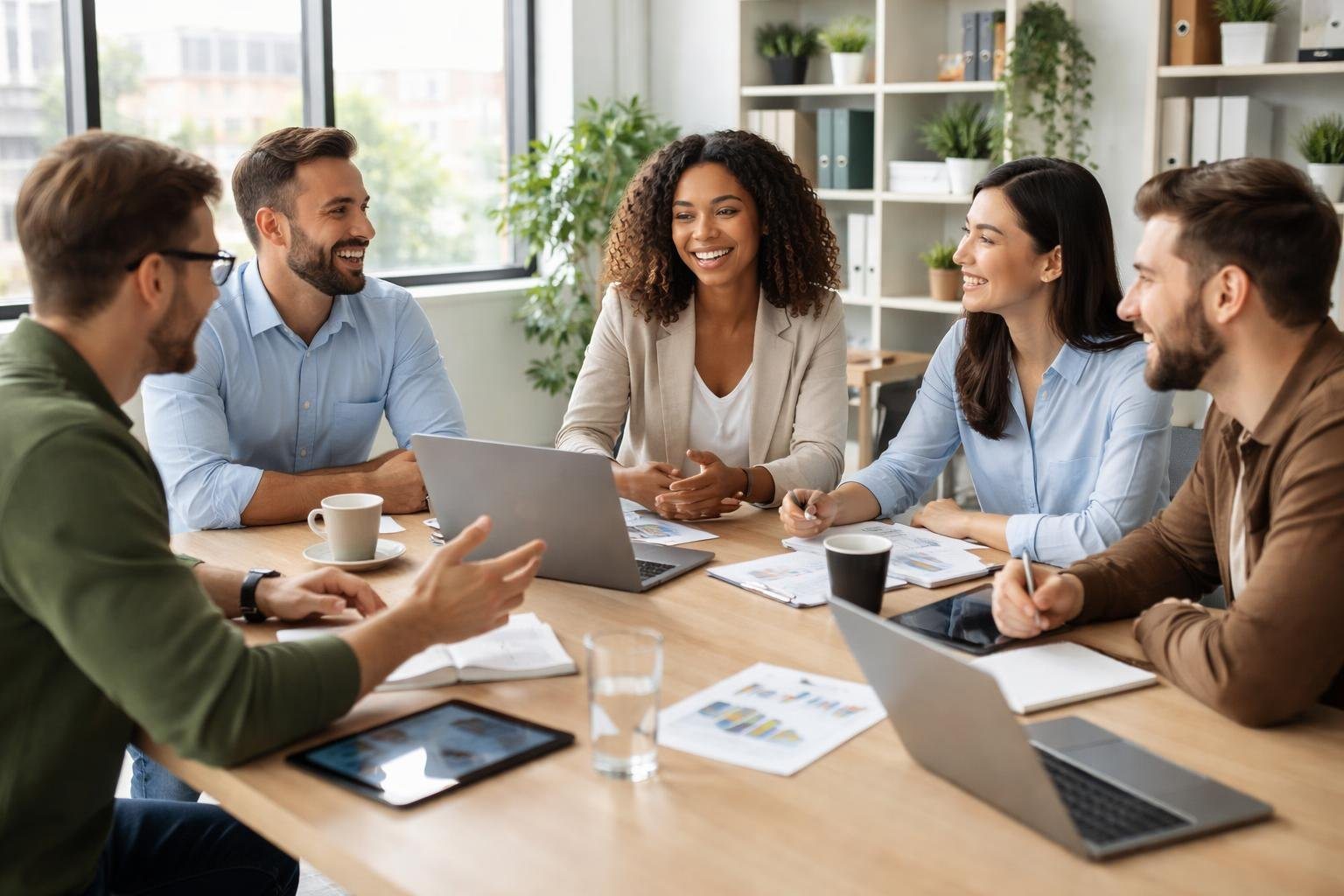 Grupo de pessoas em reunião colaborativa em escritório moderno e bem iluminado.
