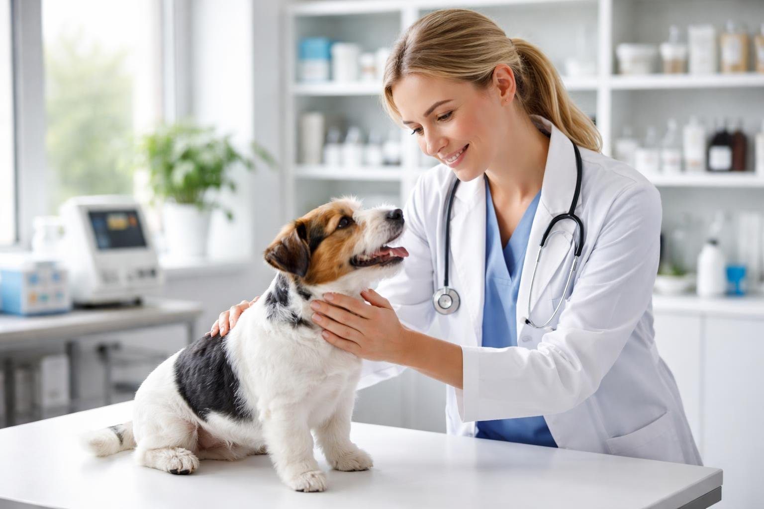 Veterinário examinando um cachorro pequeno em uma clínica veterinária moderna.