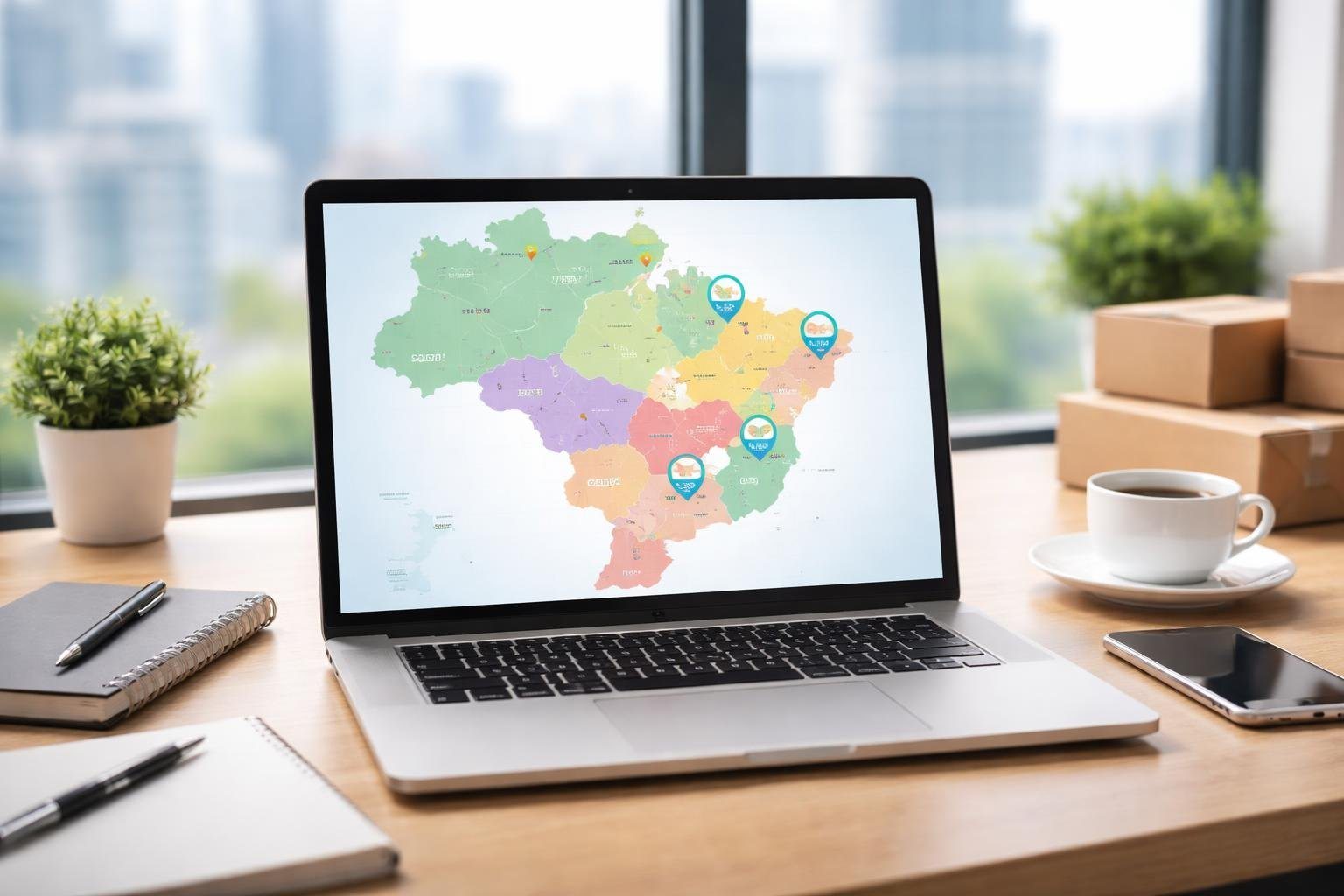 Mesa de trabalho com laptop mostrando mapa digital de códigos postais, itens de escritório organizados e vista de cidade ao fundo.