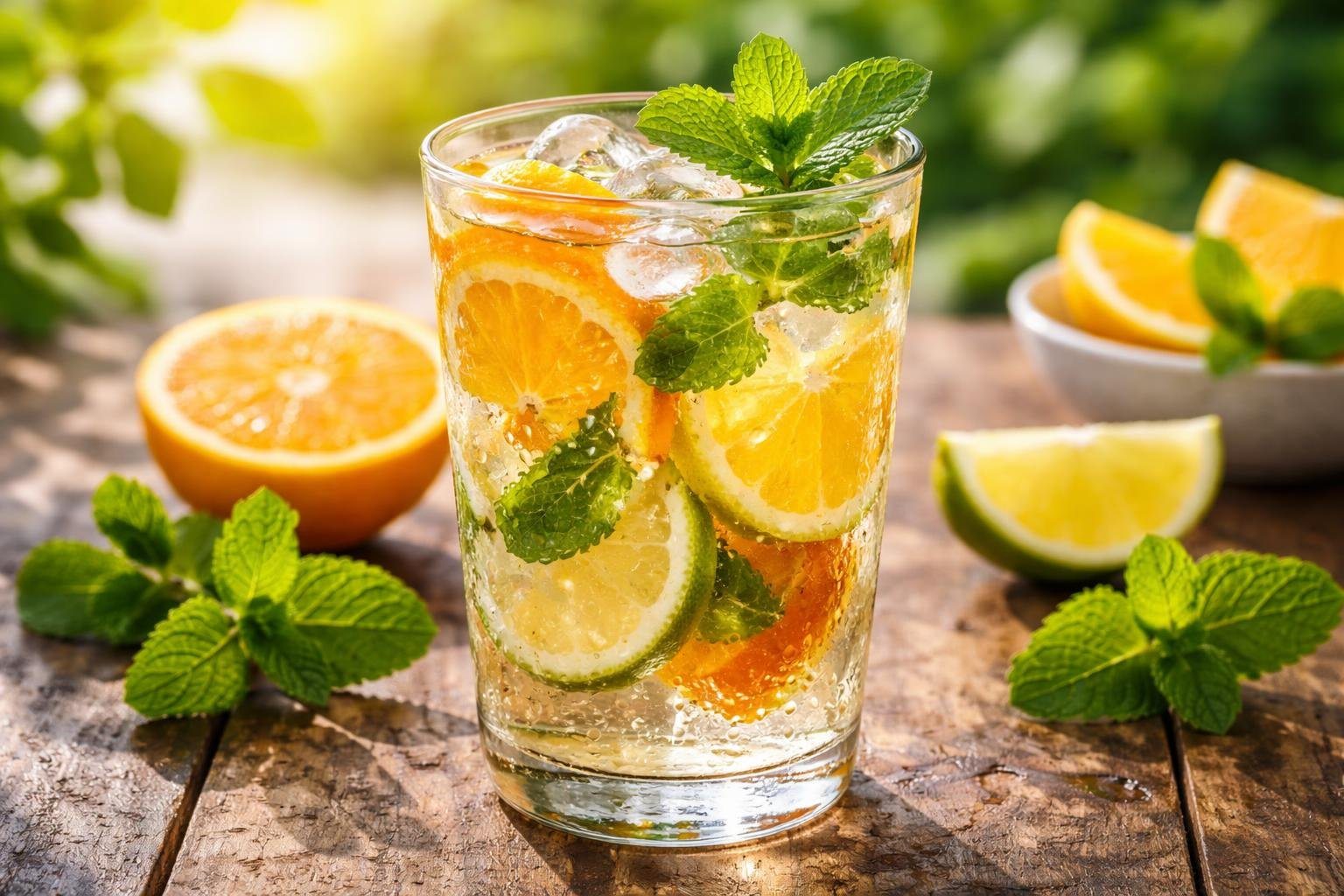 Copo transparente com bebida colorida e frutas frescas em uma mesa de madeira, em ambiente externo ensolarado.