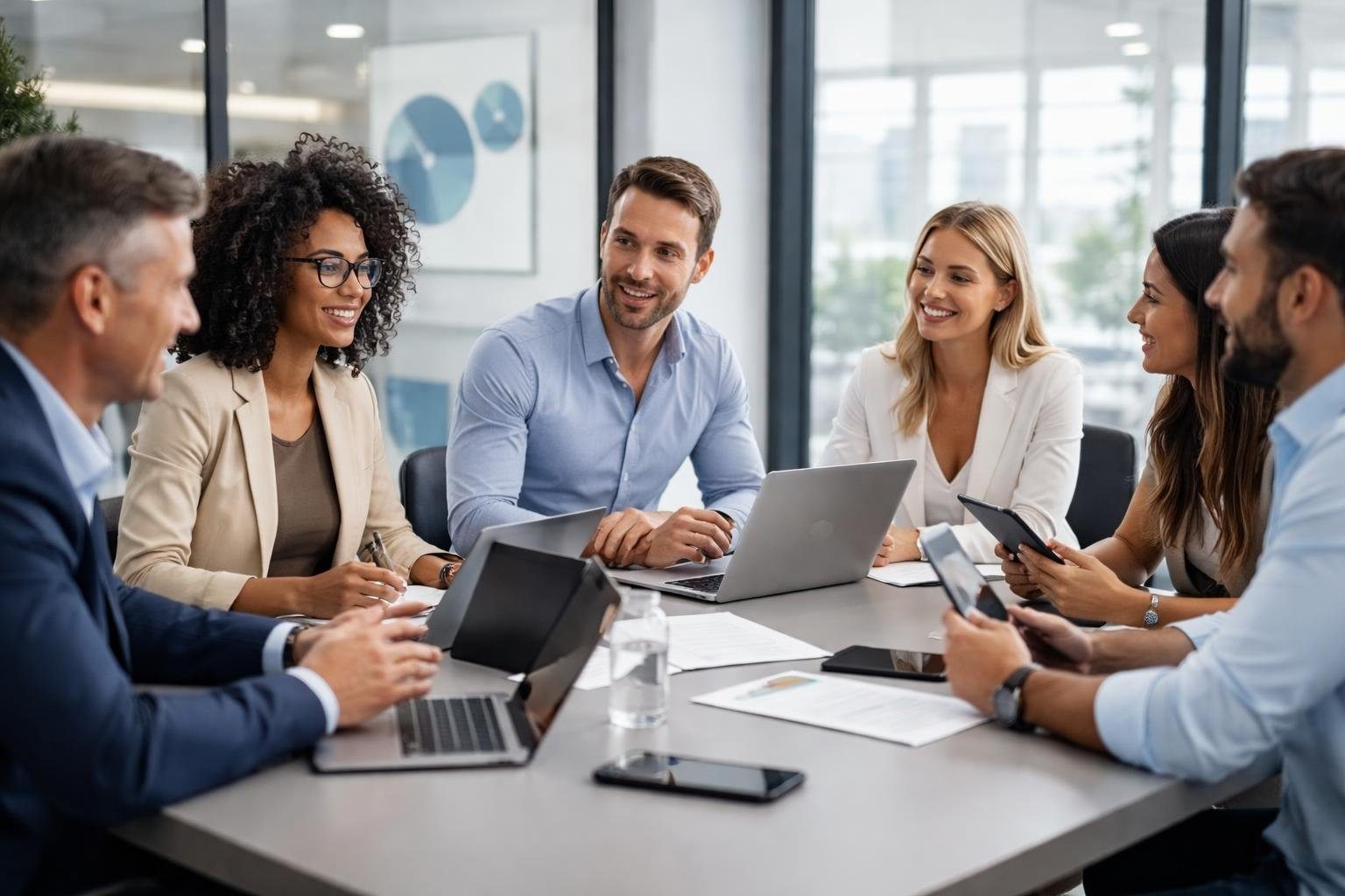 Grupo de profissionais em uma reunião de trabalho em um escritório moderno, com computadores e dispositivos digitais sobre a mesa.