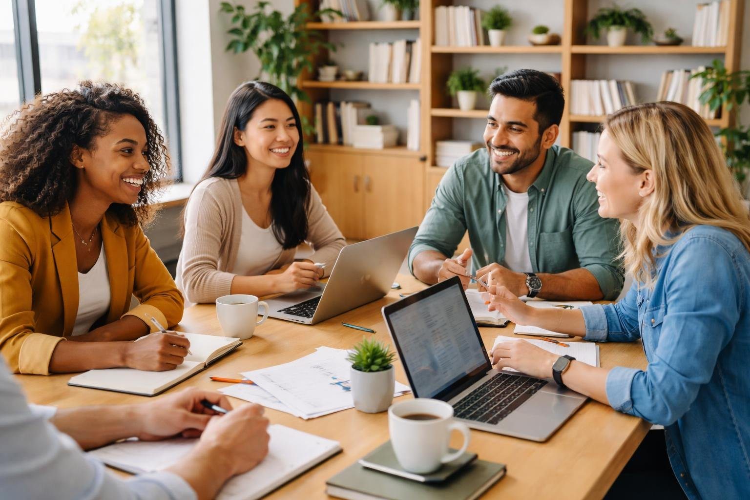 Grupo de pessoas colaborando em uma mesa em um escritório moderno e iluminado.